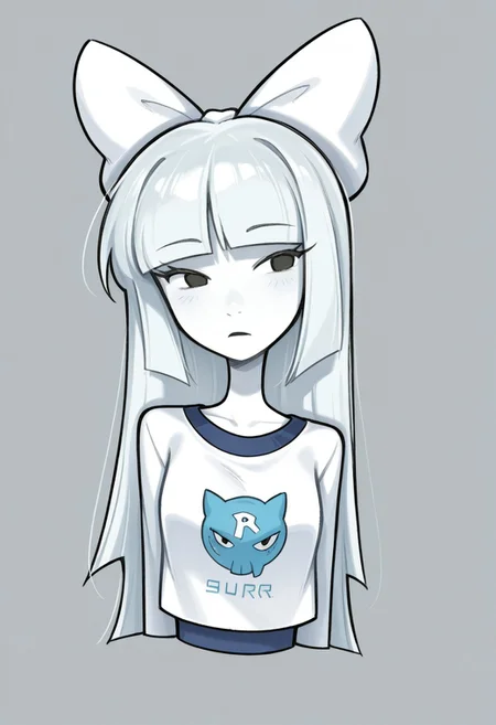1girl, solo, PA (Sburb.exe), White hair, straight hair, hair bow, blunt bangs, Simple eyes, black eyes, White bow, Colored skin, white skin,