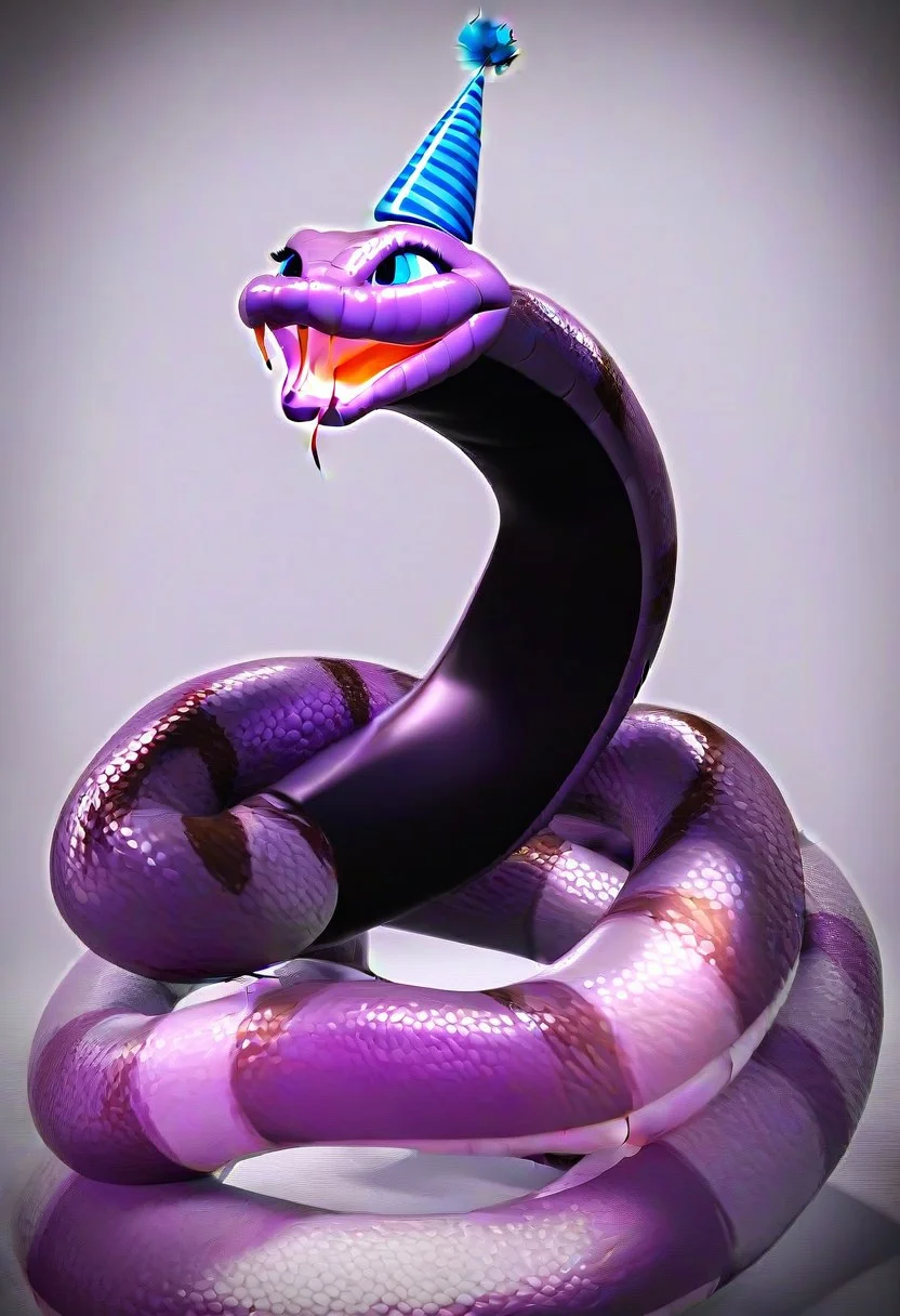 Cute (massive huge eyed), snake, (wearing a party hat), birthday party theme, happy facial expression, 4k, high detail, high quality, realistic, full body,