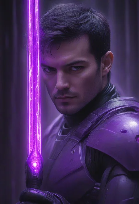 photo, 1man, closeup portrait, purple 
plasma sword