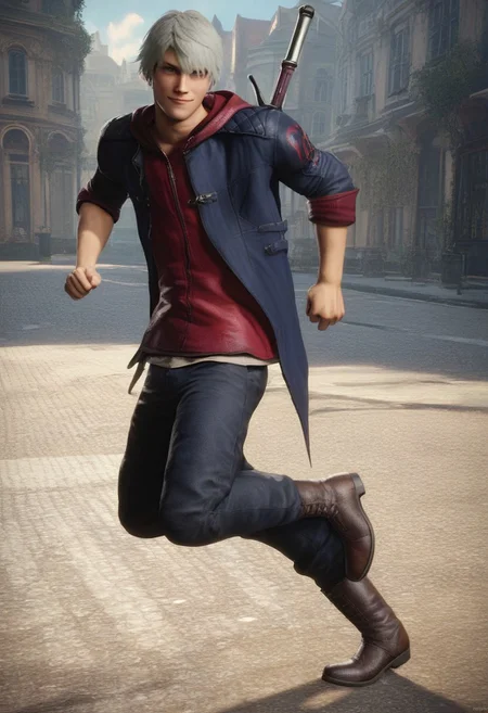 score_9, score_8_up, score_7_up, score_6_up, score_5_up, score_4_up, BREAK realistic, well built, skinny body type, twink, male focus, solo, face focus, good looking face, detailed face, detailed eyes, good looking eyes, perfect face, perfect eyes, 18 yr, soft face, perfecteyes, 1boy,
nero, DMC4, white hair, medium hair, brown boots, dark blue pants, blue jacket with red hoodie undreneath, black t-shirt, blue eyes,arched to the right, holding his sword in his left hand, ready to attack, smirk, running towards the viewer, one leg on the ground, holding his sword straight, right hand is in front of him with a clenching fist,
city center, in front of viewer, full body shot, pose, good light, dramatic light, day,