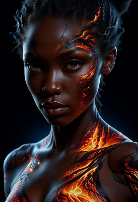 Close-up face, mysterious silhouette of a black woman ral-lava clothing, backlit, alluring goddess, by Minjae Lee, Carne Griffiths, Emily Kell, Steve McCurry, Geoffroy Thoorens, Aaron Horkey, Jordan Grimmer, Greg Rutkowski, amazing depth, double exposure, surreal, geometric patterns, intricately detailed, bokeh, perfect balanced, deep fine borders, artistic photorealism , smooth, great masterwork by Suiras <lora:add-detail-xl:2> <lora:Double_Exposure:0.5>