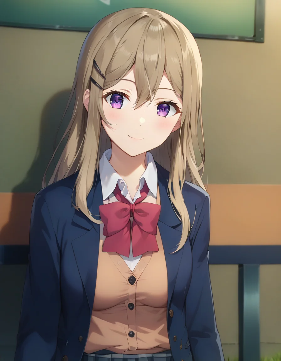 score_9,score_8_up,score_7_up,score_6_up BREAK official art,solo,outdoors,upper body,(portrait:1.5),looking at viewer,facing viewer,smile,Shimamura Hougetsu,long hair,brown hair,hair ornament,hairclip,sidelocks,hair between eyes,bangs,purple eyes,school uniform,blue jacket,blazer,open jacket,brown cardigan,red bowtie,white shirt,collared shirt,long sleeves,medium breasts,skindentation,miniskirt,grey skirt,pleated skirt,plaid skirt,thighs,black socks,loafers,<lora:Shimamura Hougetsu(as)-Pony:1.8>,<lora:Smooth Anime Style LoRA XL:0.8>,