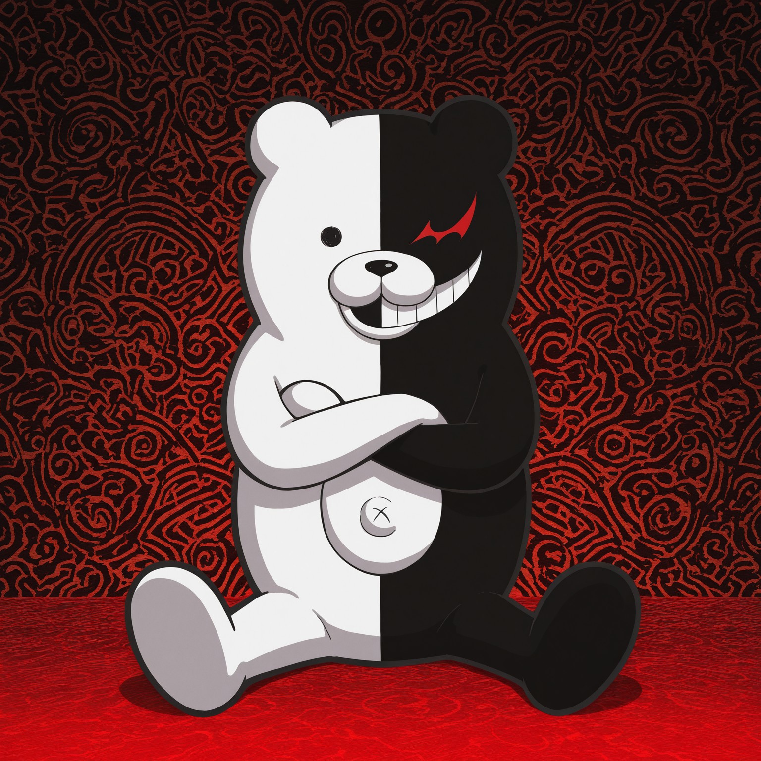 Monokuma, Bear, 2d, solo, 1boy, male, bear, genetic chimerism, white skin, black skin, two tone skin, split color skin, black eye, red eye, no sclera, heterochromia, outie navel, evil grin, teeth, black nose, 

BREAK arms crossed, sitting, red abstract background, looking at viewer, best quality, amazing quality, very aesthetic, absurdres, newest, masterpiece 