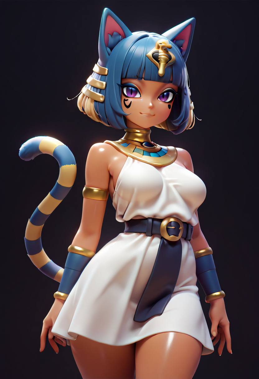 masterpiece, best quality, medium breasts, (curvy),   BREAK,  zzAnkha, animal crossing, animal ears, armlet, bare shoulders, belt, blonde hair, blue hair, blunt bangs, blunt ends, bob cut, cat ears, cat girl, cat tail, cropped, daniel deng, dark skin, dress, eye of horus, eyelashes, eyes visible through hair, facial tattoo, humanization, purple eyes, shiny skin, short hair, slit pupils, tattoo, usekh collar, white dress, <lora:AnkhaIXL:1.0>,smile, looking at viewer, cowboy shot,   <lora:Soft3D_IXL:1.0>,