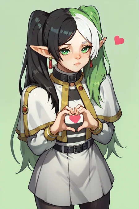 score_9, score_8_up, score_7_up, BREAK <lora:NSMelionPalHair:1> NSMelionPalHair, green hair, black hair, white hair, multicolored hair, <lora:ChamFrierenPonyXL:1> FrierenBase, green eyes, long hair, twintails, earrings, white capelet, striped shirt, long sleeves, belt, white skirt, black pantyhose, heart hands