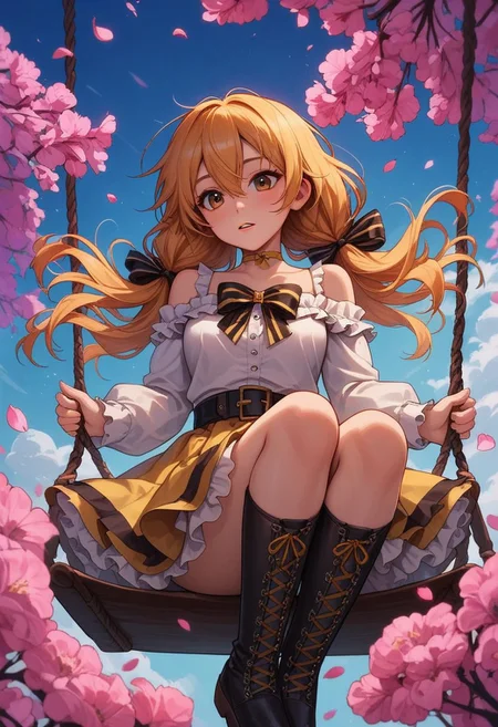 score_9_up, score_8_up, score_7_up, score_6_up, 1girl, 25 years old, perfect face, cute, petite,
brown eyes,
yellow hair, long hair, low twintails, wavy hair, sidelocks, floating hair, hair between eyes, hair ribbon, black ribbon,
black ribbon, bow choker, yellow choker,
cross-laced clothes, cross-laced legwear, striped clothes,
bare shoulders, frilled sleeves, frills, off-shoulder shirt,
white shirt, frilled shirt, puffy long sleeves, yellow bow, striped bow, yellow bowtie,
frilled skirt, layered skirt, yellow skirt, pleated skirt,
black belt,
kneehighs, bow legwear,
floating clothes,
day, blue sky, cherry blossoms, falling petals, sitting, on swing, flower, grass, outdoors, spring (season), wind,
parted lips,