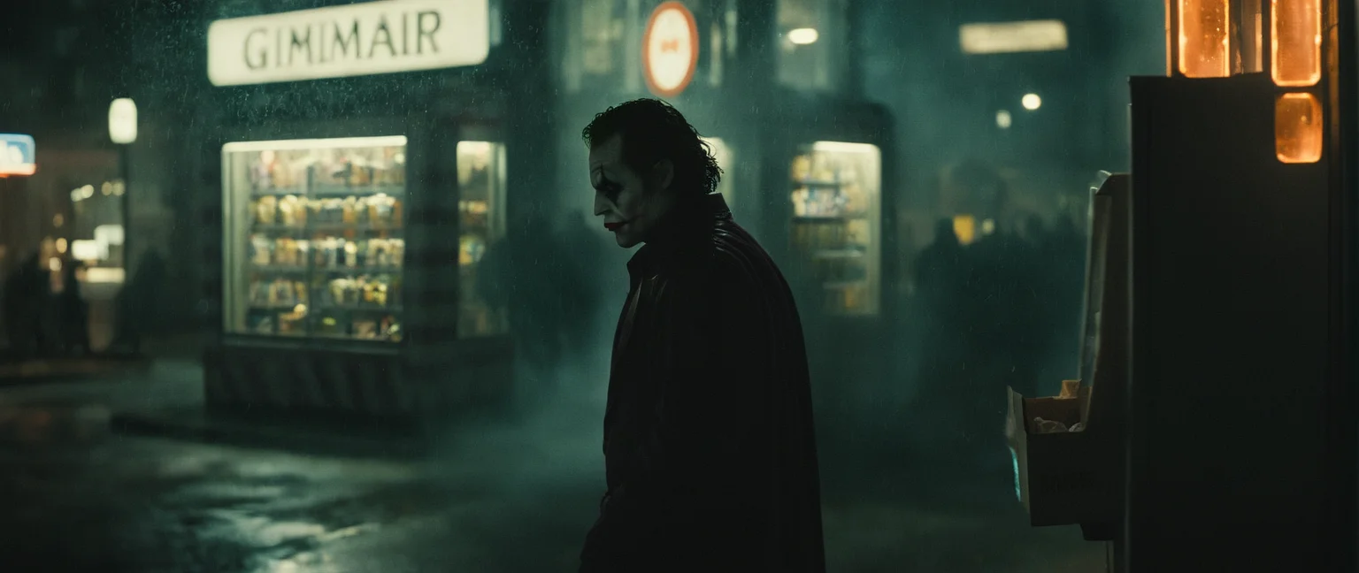 cinematic film still of <lora:perfection style:0.6>
<lora:gotham city style v2:0.8>
<lora:Chiaroscuro Lighting Style:0.6>
In Gotham City arthur a joker man in a clown costume standing in front of a vending machine,outdoors,multiple boys,sky,night,building,box,scenery,cigarette,city,sign,smoking,cityscape,cardboard box,skyscraper , detailed, real, different, unique, cinematic, dramatic, concept art, filmic, detailed background, detailed settings, artstation, gothic New York, gotham city style, shallow depth of field, vignette, highly detailed, high budget, bokeh, cinemascope, moody, epic, gorgeous, film grain, grainy
