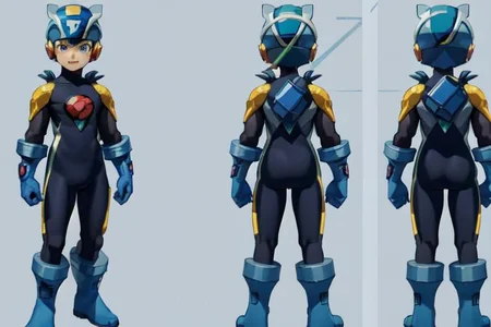 (masterpiece, official art, simple background, full body, standing, chara-sheet), best quality, megaman, (blue footwear, boots), (blue headwear, helmet), (indigo bodysuit:1.5), covered collarbone, yellow pauldron, blue gloves, green eyes, looking at viewer, male focus, open mouth, smile, muscular, large pectorals, thick thighs
