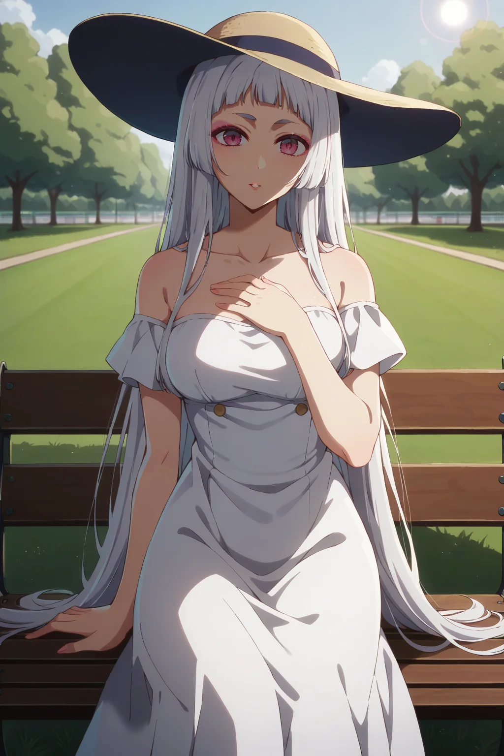 score_9, score_8_up, score_7_up, 1girl, prefect lighting, very aesthetic, intricate details, highly detailed background, masterpiece, high quality, prefect hands, best quality, solo,
<lora:Akane_Kurokawa_Princess_Sayahime_Oshi_No_Ko_V1:.85>, KJOsayahime, white hair, pink eyes, long hair, blunt bangs, pink eyeliner, thick eyebrows,
sundress, bare shoulders, sun hat,
sitting on bench, looking at viewer, expressionless, parted lips, looking at viewer, hand on chest, head tilt,
park, grass, trees, daytime,
(Beautiful, medium Breasts:1.2), natural breasts,