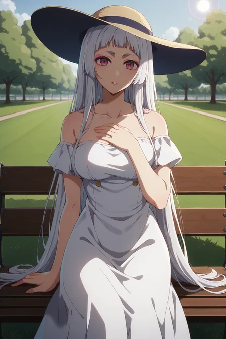 score_9, score_8_up, score_7_up, 1girl, prefect lighting, very aesthetic, intricate details, highly detailed background, masterpiece, high quality, prefect hands, best quality, solo,
<lora:Akane_Kurokawa_Princess_Sayahime_Oshi_No_Ko_V1:.85>, KJOsayahime, white hair, pink eyes, long hair, blunt bangs, pink eyeliner, thick eyebrows,
sundress, bare shoulders, sun hat,
sitting on bench, looking at viewer, expressionless, parted lips, looking at viewer, hand on chest, head tilt,
park, grass, trees, daytime,
(Beautiful, medium Breasts:1.2), natural breasts,