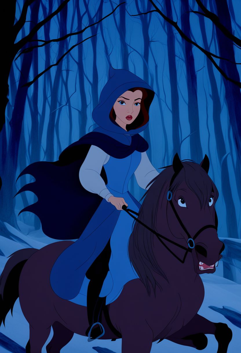, portrait, fierce, 
Belle, riding horse, in dark forest, hooded in blue caoe, escaping wolves