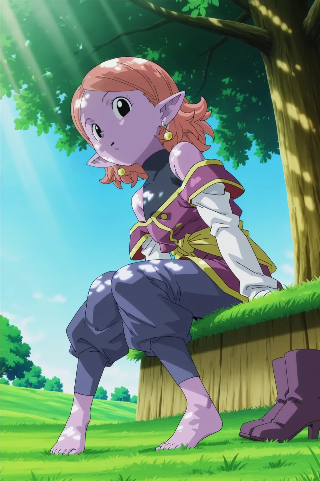 anime screencap, masterpiece, best quality, amazing quality, very aesthetic, absurdres, newest, (scenery, volumetric lighting),
chronoa, potara earrings, orange hair, pointy ears, black eyes, colored skin, purple skin, bare shoulders, potara earrings, off shoulder, detached sleeves, white sleeves, purple tunic, sleeveless turtleneck leotard, kai tunic, blue pants, barefoot, looking up at viewer, from below, tree, grass, official style, sitting, dappled sunlight, short hair,
unworn white high heel boots,
<lora:Chronoa_IL:0.8>