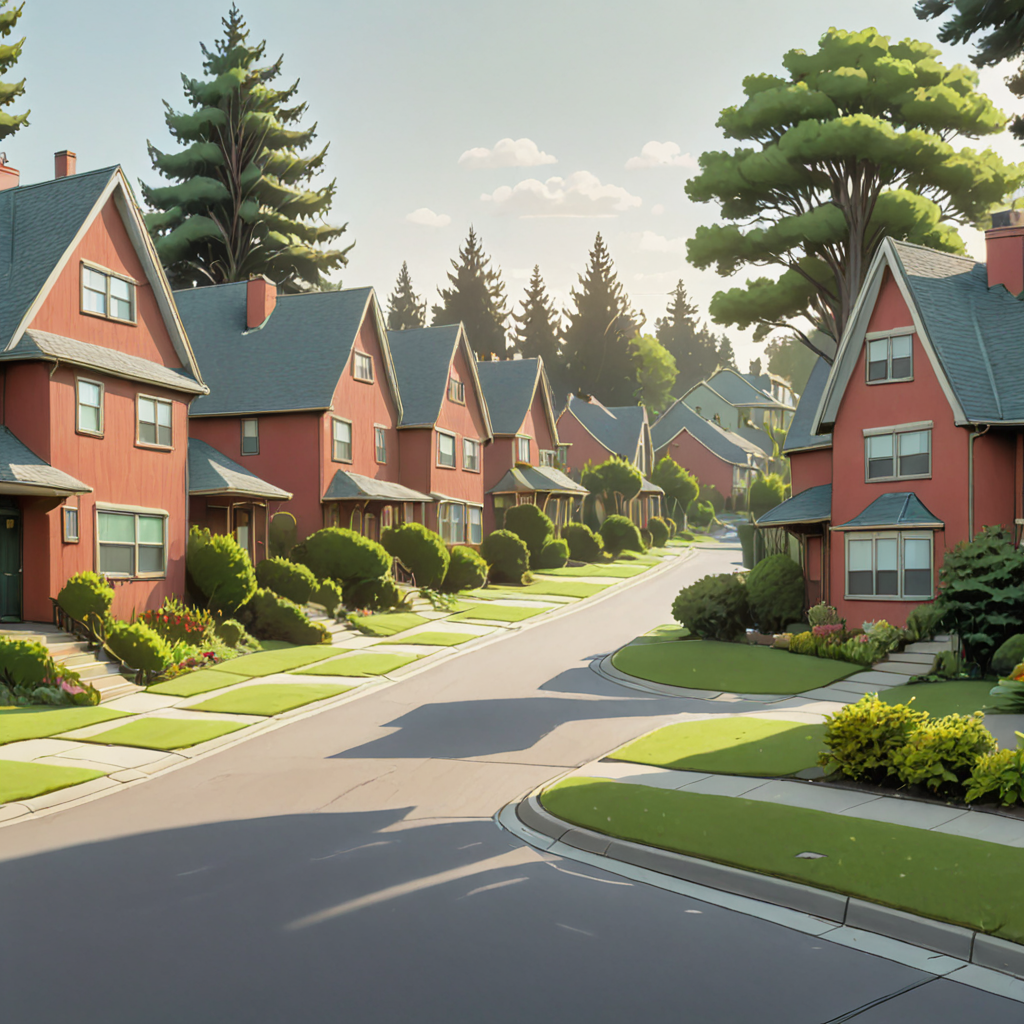 A sunny suburban street in the afternoon. The scene should convey a sense of introspection and melancholy in typical suburban scenery, like well-kept lawns, red family homes, and parked cars. There should be a large bush in the scene. <lora:Everly_Heights_Backgrounds_New_Settings:1>