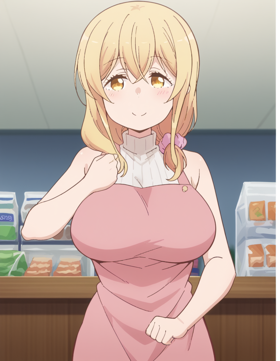 score_9, score_8_up, score_7_up, source_anime, <lora:ayaka-sunohara-s1-ponyxl-lora-nochekaiser:1>, ayaka sunohara, long hair, bangs, blonde hair, yellow eyes, mature female,, dress, sleeveless, apron, sweater, turtleneck, scrunchie, hair over shoulder, ribbed sweater, hair scrunchie, pink scrunchie,, grocery store, cashier, shopping bag, scanning items, small talk, everyday routine, smile, <lora:giorno-giovannas-pose-ponyxl-lora-nochekaiser:1>, giorno giovannas pose, giorno giovanna's pose (jojo), jojo pose, hand up, arm up, clenched hand, hand on waist, blush, shirt, smile, bed room, cowboy shot, looking at viewer, solo,, dutch angle, cowboy shot