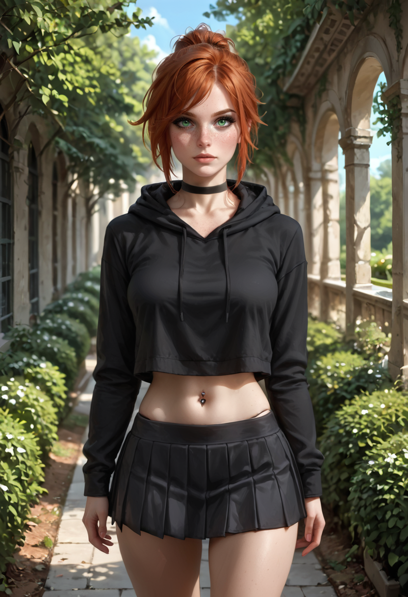 safe_pos, PonyScores7 BREAK [white|Asian], [Susan|Laura|Jane|Nadine], 1girl, 30 year old, fit, woman, short auburn ponytail, freckles, green eyes, black eyeliner, philtrum, beautiful eyelashes, (saggy), medium breasts BREAK walking BREAK relaxed, Expressiveh BREAK black choker, hoodie, high-leg panties, skirt, belly piercing BREAK garden, sundown BREAK photorealistic, realistic, portrait, intricate details, detailed face, detailed eyes, realistic skin, detailed hair, natural lighting BREAK CalmFD, Stable_Yogis_PDXL_Positives, <lora:abs slider_last:0.1>, <lora:breasts_size_slider_pdxl_goofy:1>, <lora:Calmlike_V3:1>, <lora:Expressive_H:0.75>, <lora:Super_Multi_Detailer_By_Stable_Yogi_A1:0.8>, <lora:Super_Skin_Detailer_By_Stable_Yogi_PD0_V1:0.8>
