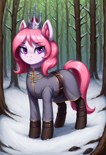 score_9_up, score_8_up, score_7_up, score_6_up, (best quality:1.1), ultra-detailed, high resolution, solo, Fiana_II, pony, mlp, feral, thin eyebrows, purple eyes, long eyelashes, mare, female, pony ears, pink fluff in ears, pale pink fur, short pink mane with red gradient tip, serious expression, :<, silver crown, military royal clothes, full body BREAK outside, snowy forest, narure BREAK Highly Visible, sharp focus, perfect lighting, anatomically correct, extremely detailed, high detail, Expressiveh, detailed background