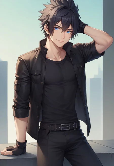 score_9, score_8_up, source_anime, highly detailed, 1boy, solo, male_focus,
noctis, 1boy, male focus, solo, blue eyes, black hair, spiked hair, gloves, fingerless gloves, black shirt, jacket, black jacket, black pants, hand being head,
outdoor, posing for a photo smile,