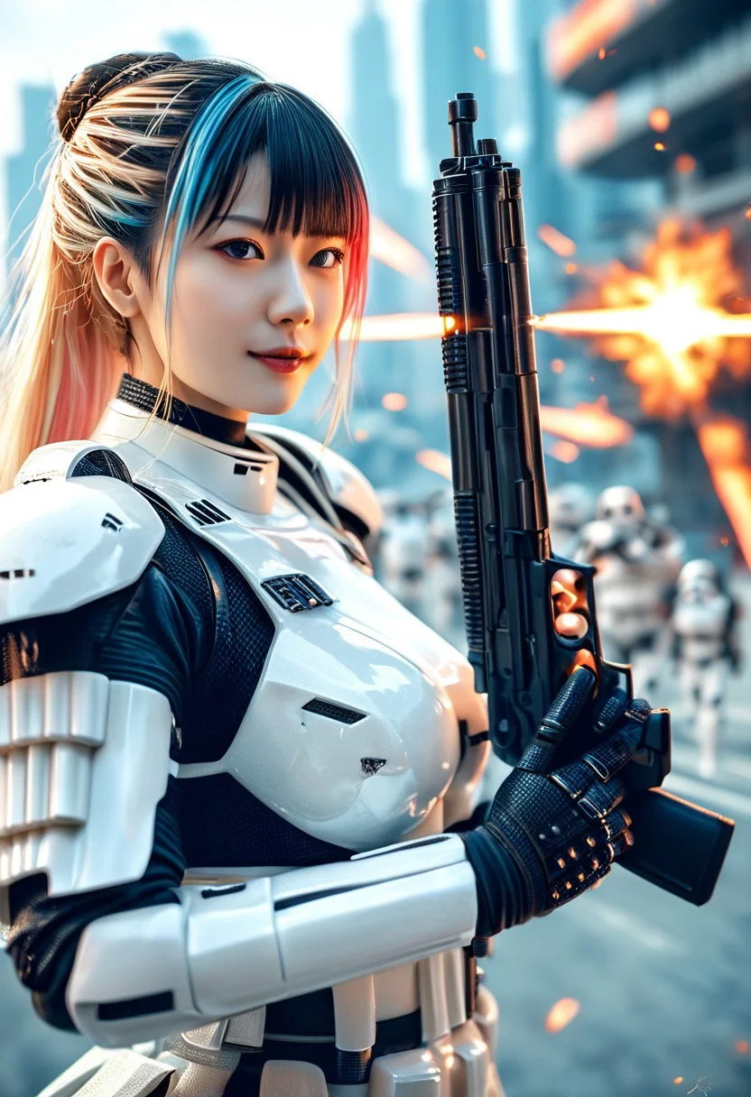 score_9, score_8_up, score_7_up, detailed photorealistic image, 4K, 8K, absurdres, 1 beautiful oriental girl, bangs, multicolored hair, stormtrooper, armor, holding, holding ray gun, aiming ray gun, high contrast, focus on face, battle in futuristic city, explosions, armored vehicles, aircraft, skyskrapers, high contrast