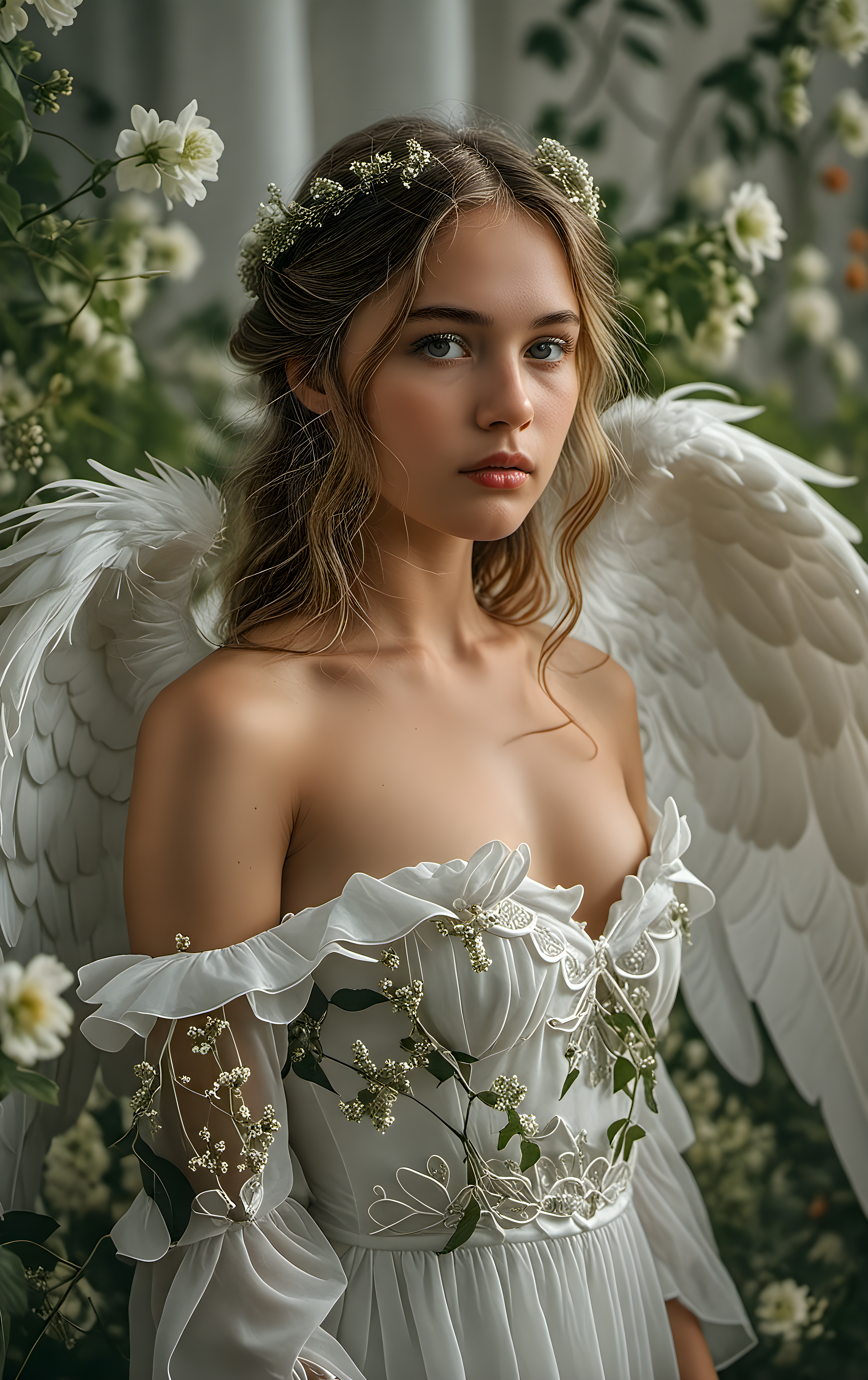 cinematic photo best quality,masterpiece,photorealistic,ultrarealistic,professional photograph shot on Canon EOS R6,80mm,1girl,(beautiful 24 yo swedish girl covered by flowers:1.05),white dress,angel,(two large angel wings),solo,detailed eyes,upper body,sad face,beautiful,looking at viewer,strapless,(art nouveau style),green vines,green leaves,nature theme,flowers,flirtatious, . 35mm photograph, film, bokeh, professional, 4k, highly detailed