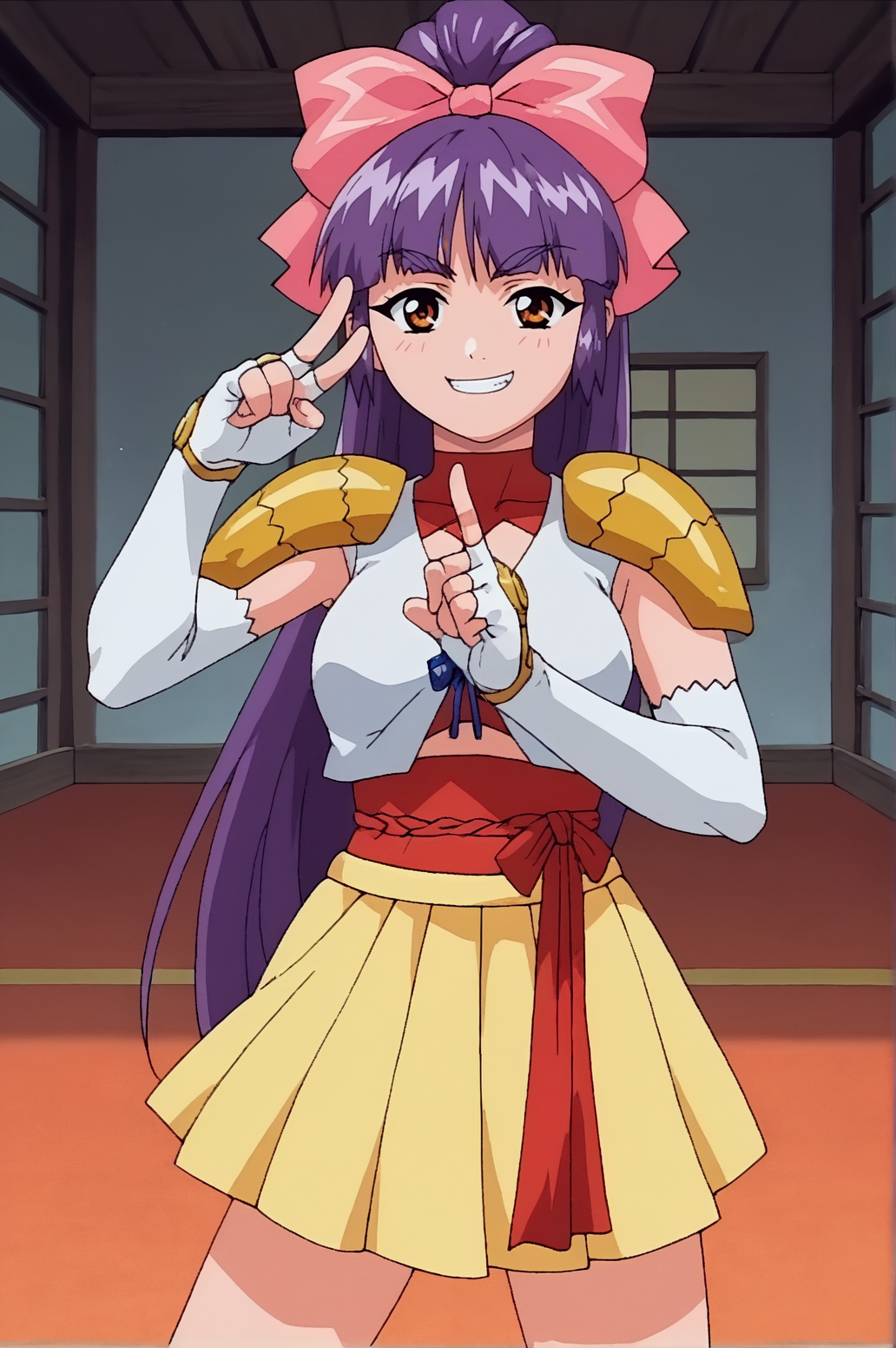 score_9, score_8_up, score_7_up,anime_source, source_anime, best background, detailed background, anime screencap,  Miko, very long hair, armor shoulders, yellow skirt, white elbow gloves, fingerless glove, seductive body, victory fingers, victory pose, legs apart, smug,  indoors, <lora:JN_Miko_Midou:0.8>