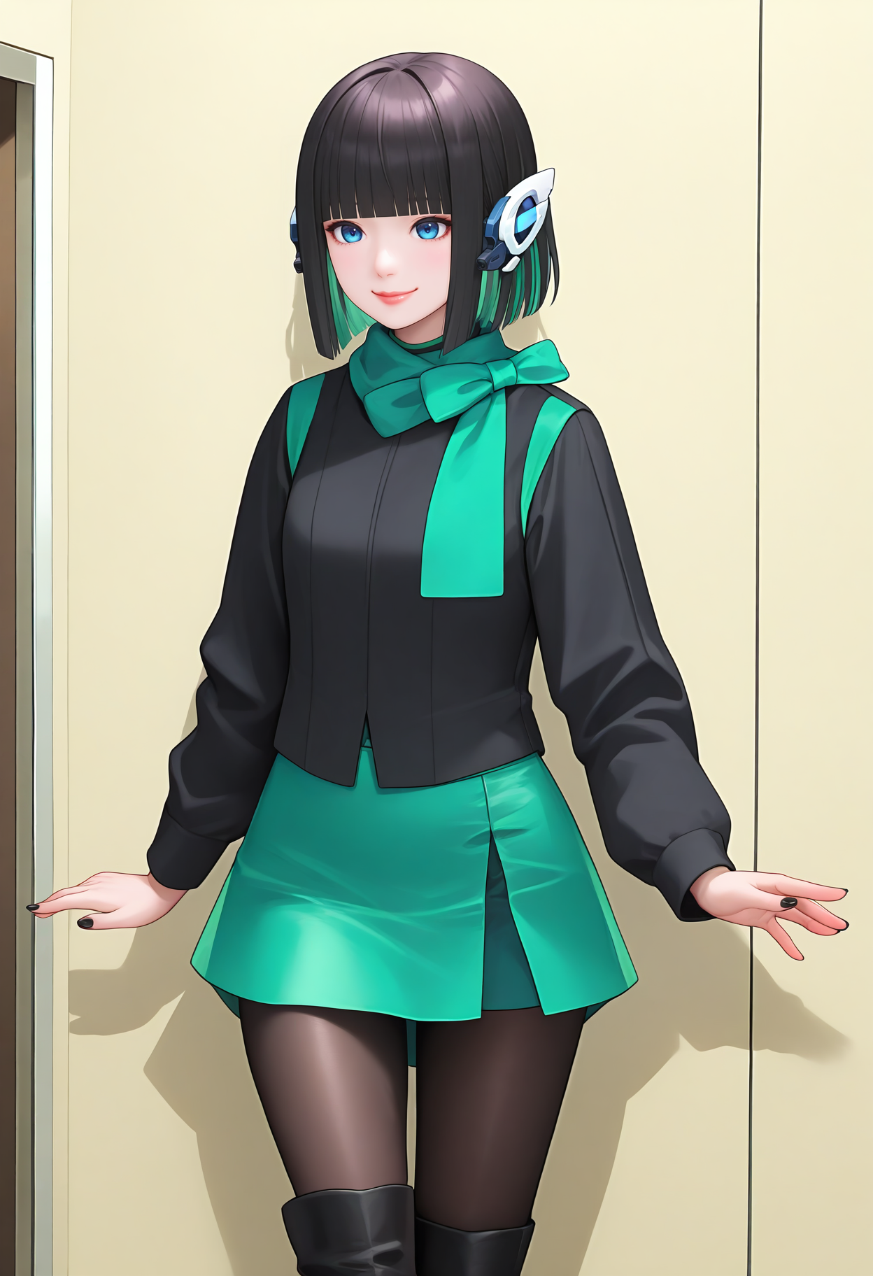 best hands, 5 fingers, perfect hand, <lora:zero-one izu_IL1.5:0.9> cowboy shot, 
zero-pne izu, realistic, Asian, 1girl, solo, black hair, multicolored hair, green hair, bobbed hair, blunt bangs, robot ears, smile, closed mouth, lips,
scarf, green miniskirt, Black pantyhose with green outer half on right leg, Short boots,
black nails, Black long sleeve shirt
BREAK indoors, Building entrance, shadow, standing,