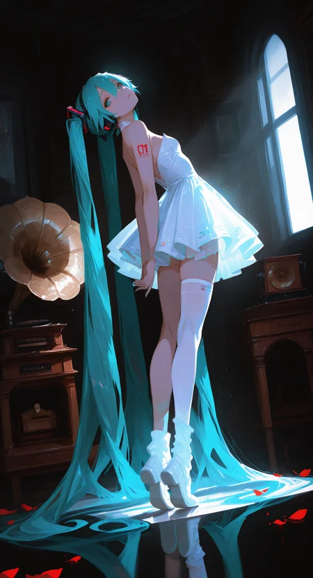 masterpiece, best quality, good quality, very aesthetic, absurdres, newest, hatsune miku, 1girl, solo, long hair, looking at viewer, hair ornament, dress, thighhighs, hair between eyes, bare shoulders, very long hair, twintails, green eyes, full body, parted lips, green hair, socks, indoors, looking back, white dress, from behind, white thighhighs, aqua eyes, see-through, head tilt, strapless, petals, aqua hair, headphones, white socks, white footwear, short dress, single thighhigh, strapless dress, light particles, floating, asymmetrical legwear, reflection, backlighting, leaning back, absurdly long hair, uneven legwear, tiptoes, shoe soles, single sock, reflective floor, phonograph, arched back,
shadowy lighting, cinematic atmosphere,dynamic angle, <lora:ponyv5_noobV065S_1_adamW-000013:0.75> <lora:USNR_STYLE_XL_lokr:0.45> <lora:EtherSDXL:0.15> <lora:748cmSDXL:0.8>