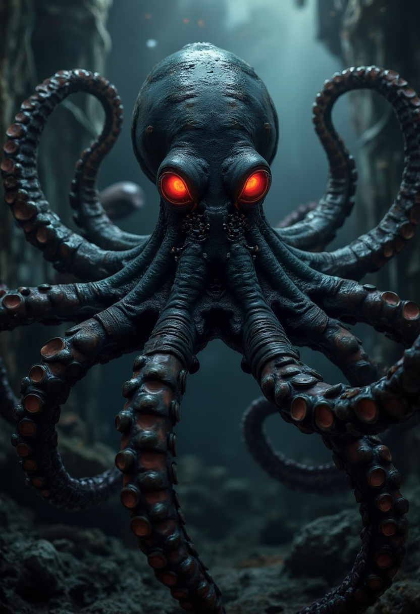 yfg-daak, Digital painting, a menacing black octopus with glowing red eyes, tentacles sprawling in all directions, set against a misty, deep-sea background with dim, eerie lighting, subtle texture on the octopus's skin showing suction cups and folds, dark underwater environment with looming shadows, faint hints of submerged structures.
