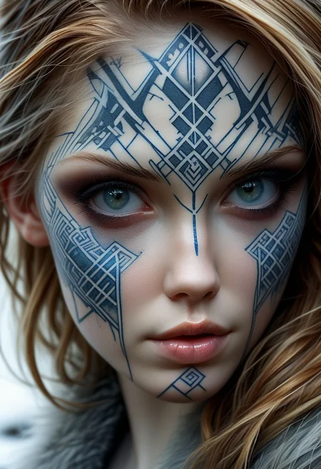 Nordic Rune tattoo on girls face, close-up, by Minjae Lee, Carne Griffiths, Emily Kell, Steve McCurry, Geoffroy Thoorens, Aaron Horkey, Jordan Grimmer, Greg Rutkowski, amazing depth, double exposure, surreal, geometric patterns, intricately detailed, bokeh, perfect balanced, deep fine borders, artistic photorealism , smooth, great masterwork by Suiras <lora:add-detail-xl:2> <lora:Double_Exposure:0.5>