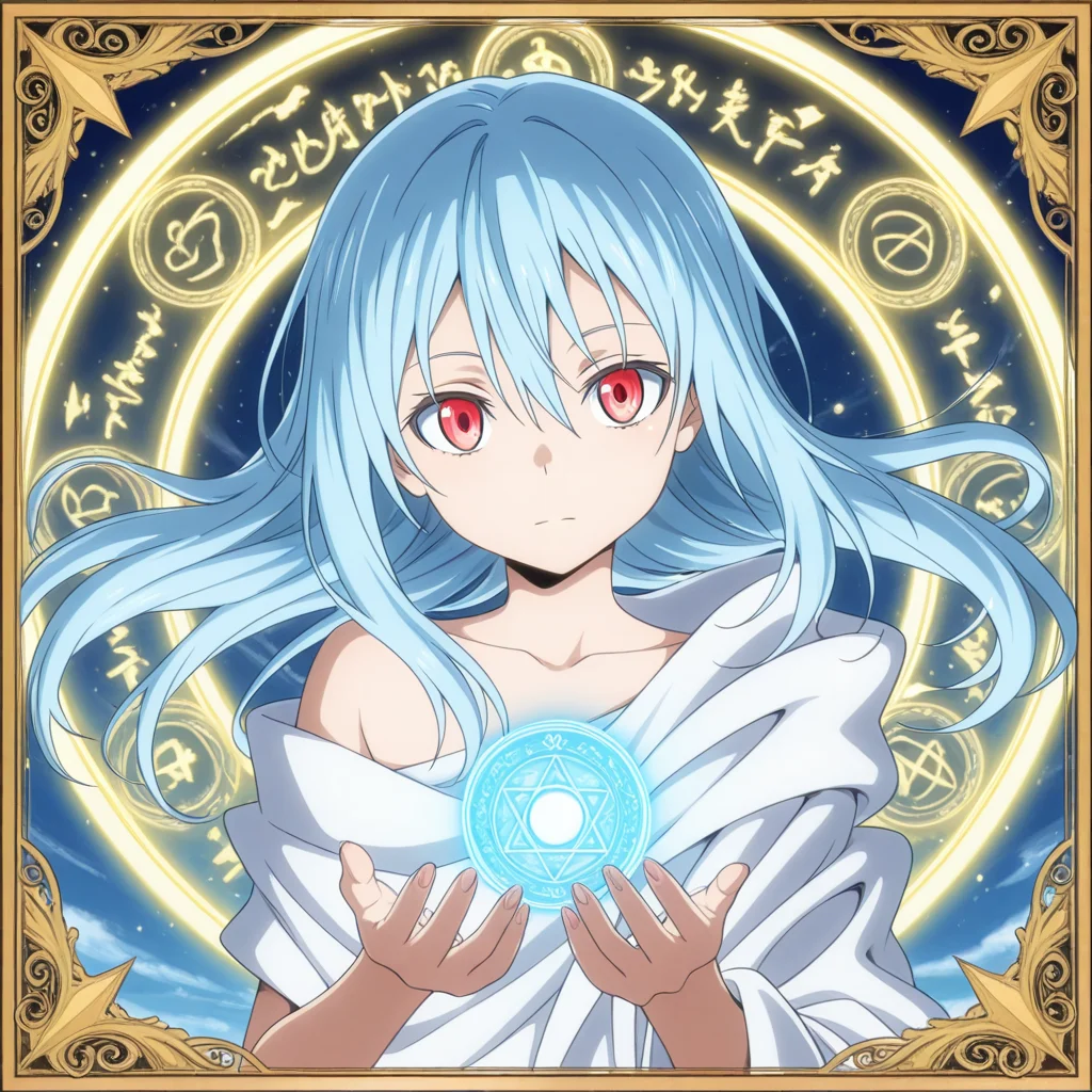 masterpiece, colorful, amazing_quality, best_quality, <lora:raphael-v1-000009:0.8> ts-raphael, 1other, white hooded_robe, glowing, androgynous, head tilt, floating hair, right_bare_shoulders, magic circle, upper body, card \(medium\), rimuru_tempest