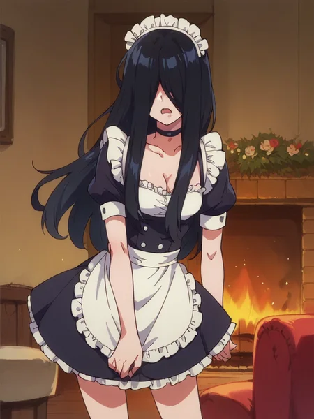 score_9, score_8_up, score_7_up,
1girl, zenshu, black hair, long hair, hair over eyes,
frown, open mouth,
standing, indoors, fireplace, maid, cleavage, small breasts, short sleeves, short dress, choker,