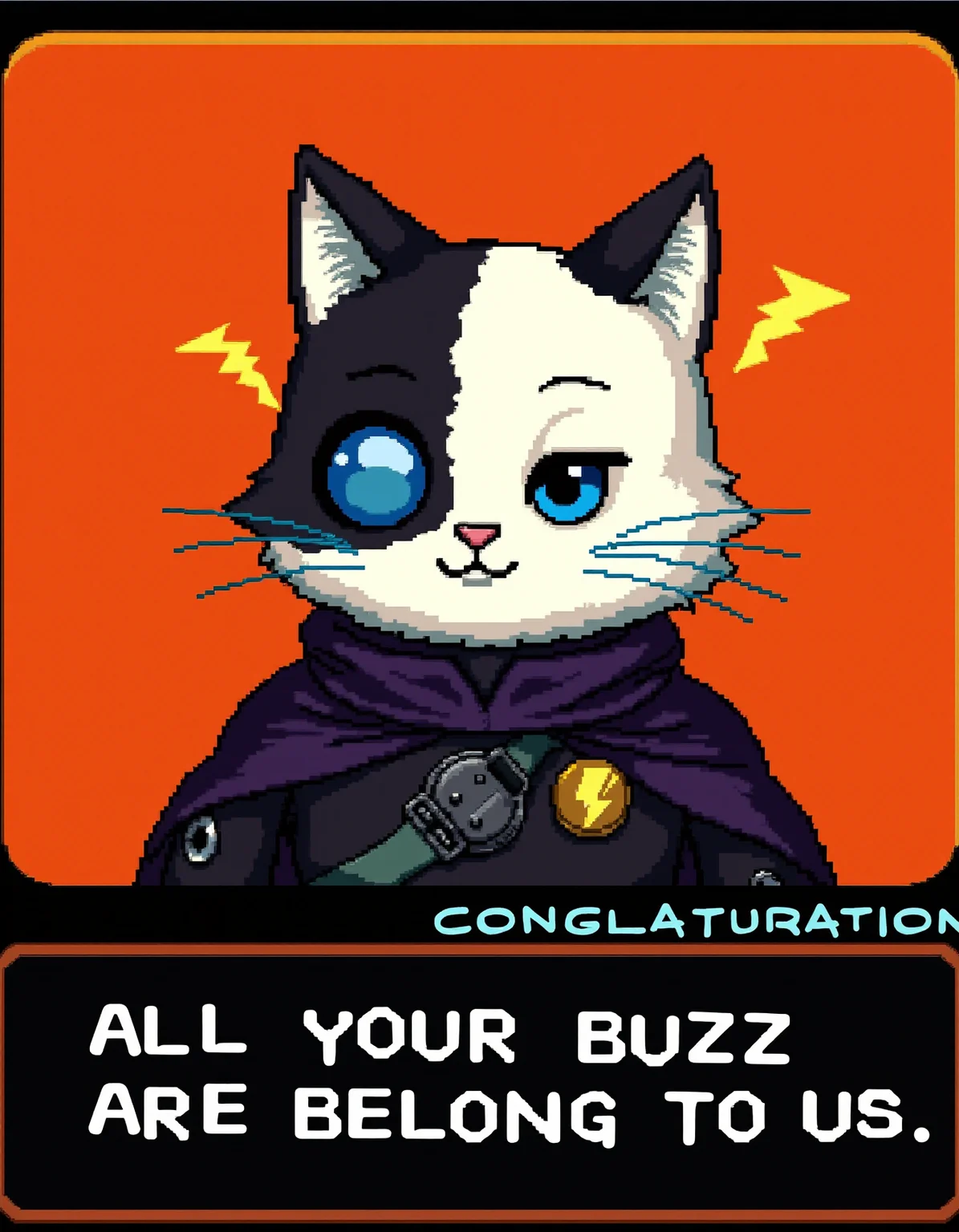 A cyborg-like cat with fluffy and white and black fur, a cybernetic implant on his left eye, and a futuristic military uniform is seen on the screen. He is wearing a dark purple cape with black and grey details, and a pin with a yellow thunder symbol. The background is a solid orange color. The text on the screen below the character reads, "ALL YOUR BUZZ ARE BELONG TO US." The text on the screen above the character reads, "CONGLATURATION". The scene has an 8-bit or 16-bit pixel art style, with a retro sci-fi aesthetic typical of early 1990s video games.