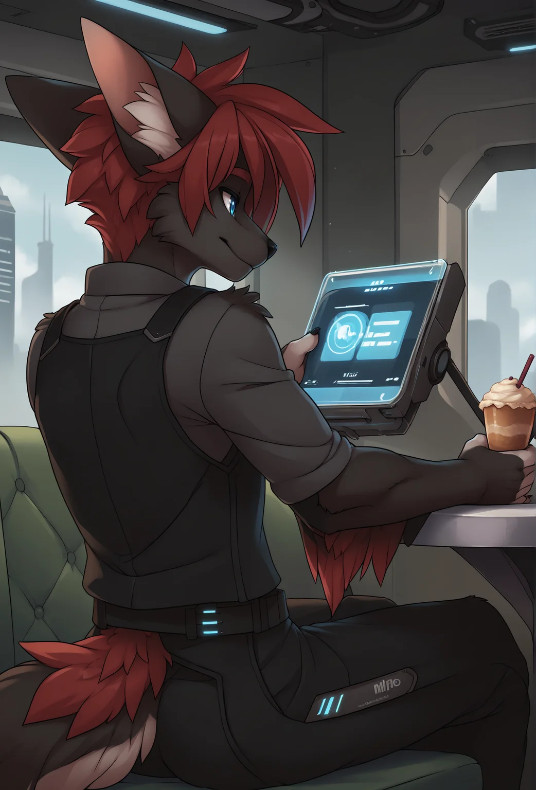 score_9, score_8_up, score_7_up, score_6_up, score_5_up, score_4_up, indoors, cafe, science fiction, holographic interface, spacecraft BREAK
<lora:nytro_fluffkevlar_ponyXL_v1.5_0.99:1> nytro, 1boy, solo, furry, red hair, blue eyes, cowboy shot, grey shirt, black vest, black pants, sitting, arm support, light smile, black fur