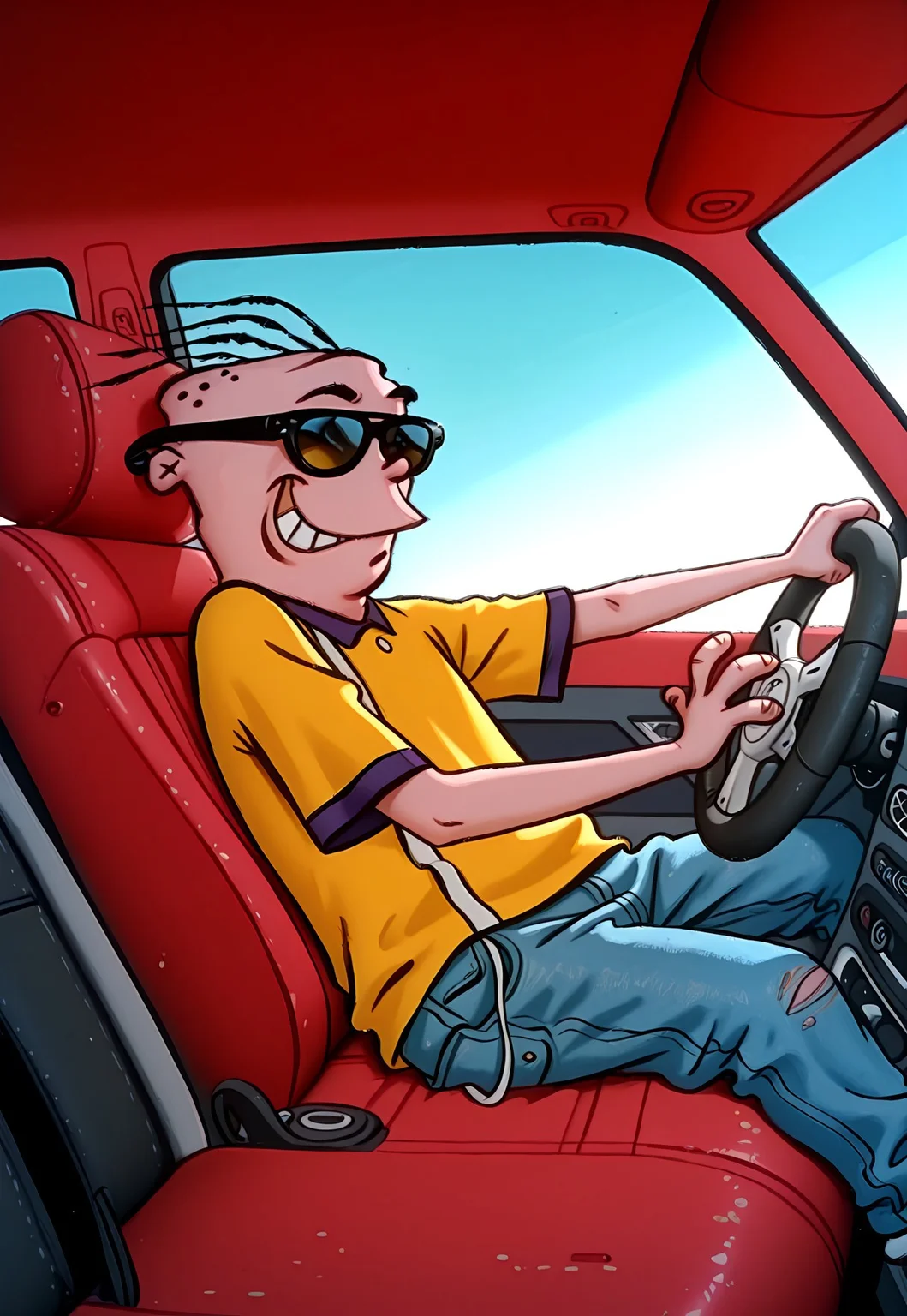 masterpiece, absurdres, highest quality, highly detailed, 1boy, solo, (eddyboy:1.2), (sc4m:1.2), yellow shirt, blue jeans, three hairs, sunglasses, driving, red car, steering wheel, sports car, car interior, dr1v3