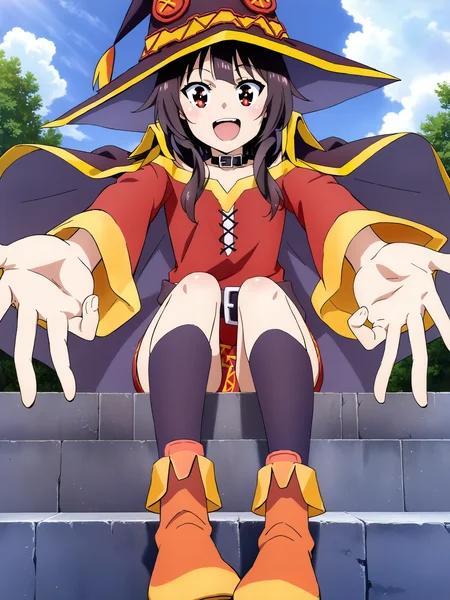 score_9, source_anime, official art, megumin, looking at viewer, happy, sitting, from below, upper body, reaching out, outdoors, <lora:MeMaXL_V2:0.8>
