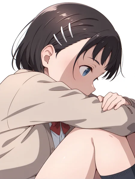masterpiece,best quality,newest,1girl,solo,
<lora:p_suguha_v1.0:1>,p_sugu,hairclip,green eyes,
white shirt,red bow tie,cardigan,kneehighs,
<lora:Fixhands_anime_bdsqlsz_V1:1>,blush,simple background,white background,upper_body,hugging own legs,looking ahead,profile,