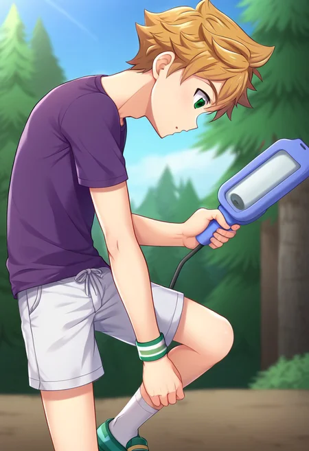 connor, blond hair, bangs. green eyes, short hair, camp buddy, boy, wear dark purple shirt, solo, young, white shorts, outdoor, sunny day, clear sky, proportional body, (balance body:1.20), strong leg, handfixer