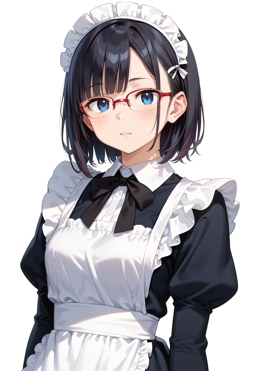 score_9, score_8_up, score_7_up, rating_safe, masterpiece, best quality, absurdres, unity 8k wallpaper, official art, official style, source_anime, uncensored, game cg, megami magazine,
1girl, solo, black hair, medium hair, upper body, covered eyes,maid, maid headdress, black dress, maid apron, face focus,
halfrim17s,  still life, white background, simple background, red-framed eyewear,
 <lora:glasses_halfrim17S_PONY_V1:1>