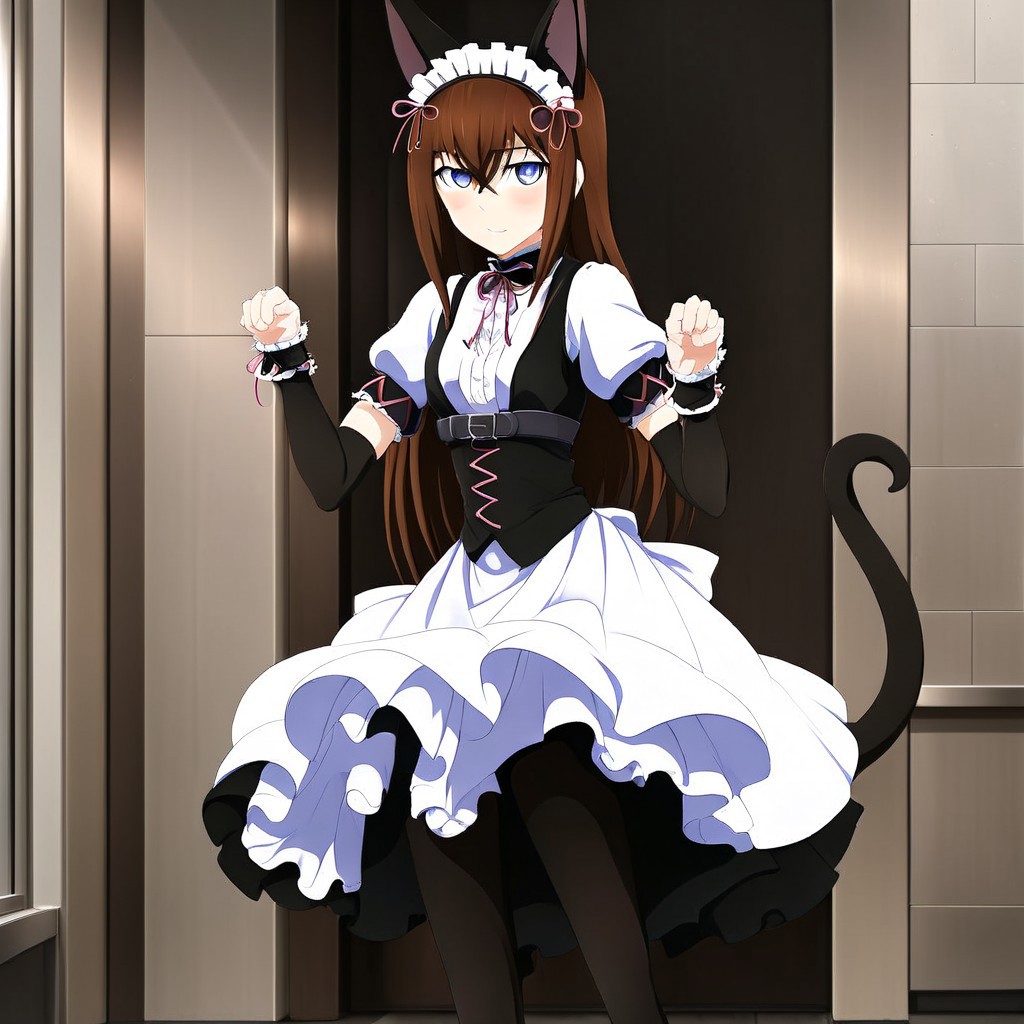 anime style , maid outfit , A cute and beautiful image of Makise Kurisu in maid outfit making a cat pose , ribbon , sexy legs , naughty pose