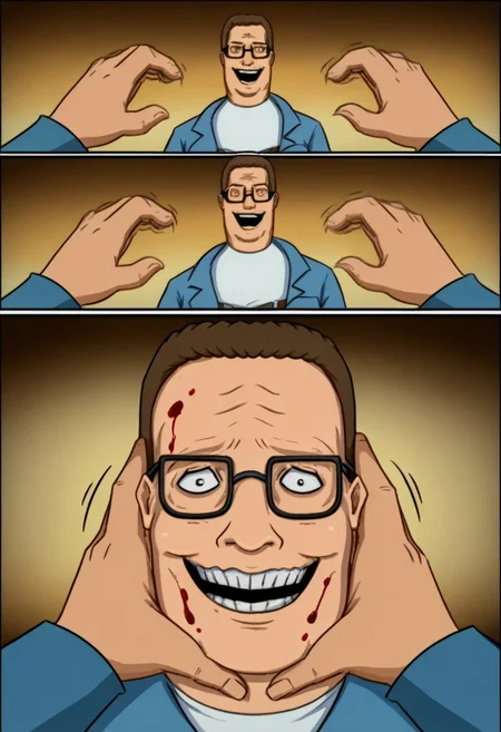 incrssnootchallenge, comic, pov hands, motion lines, motion blur, 1boy, hank hill, white shirt, glasses, belt, blue jeans, psychotic smile, evil expression, bulging eyes, smiling at viewer,(blood on face:1.1), grin, evil smile, Sinister_Smile, shadow on the face, Yellow_Teeth, Macabre, Terror, Menacing_Smile, Disturbing_Expression, Grotesque_Style, Intense_Colors, Dark_Contrast,