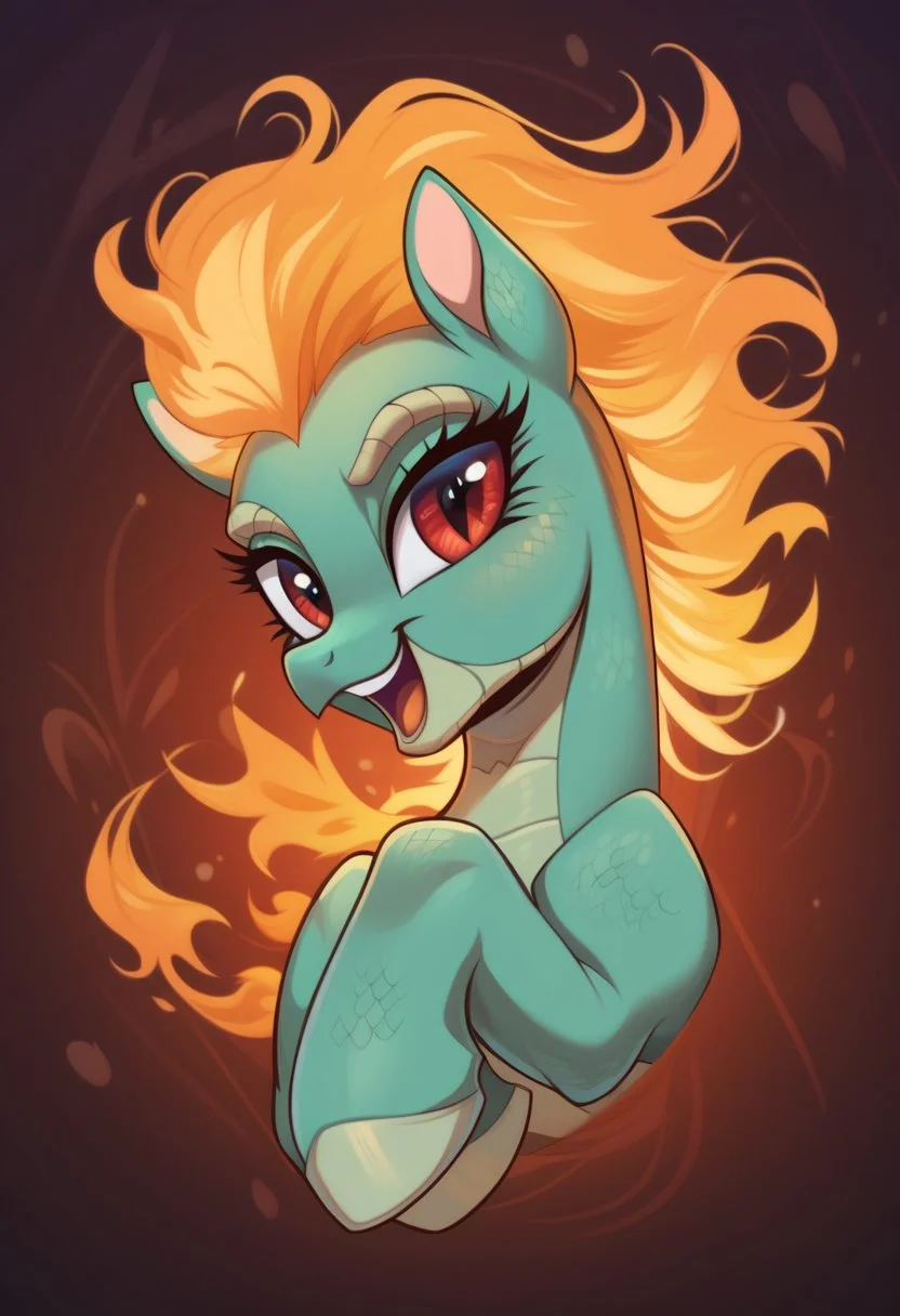 score_9, score_8_up, score_7_up, score_6_up, score_5_up, score_4_up, my little pony, ((feral pony)),tianhuo tfh, tianhuo longma, longma, dragon horse, green skin, red eyes, open mouth, fire mane 1girl, ((solo)), (sexy), beautiful, detailed, (detailed cute pony face), detailed eyes, detailed fur, detailed hooves, beautiful, vector, flat colors, (beautiful long eyelashes), (beautiful hooves), (abstract background:1.8), (looking at you, looking at viewer:1.5), smile, happy, close-up, upper view <lora:OtherStyle_01:1> <lora:detailed_notrigger:1>  <lora:Tianhuo_F_Herds_Pony_SDXL:1>