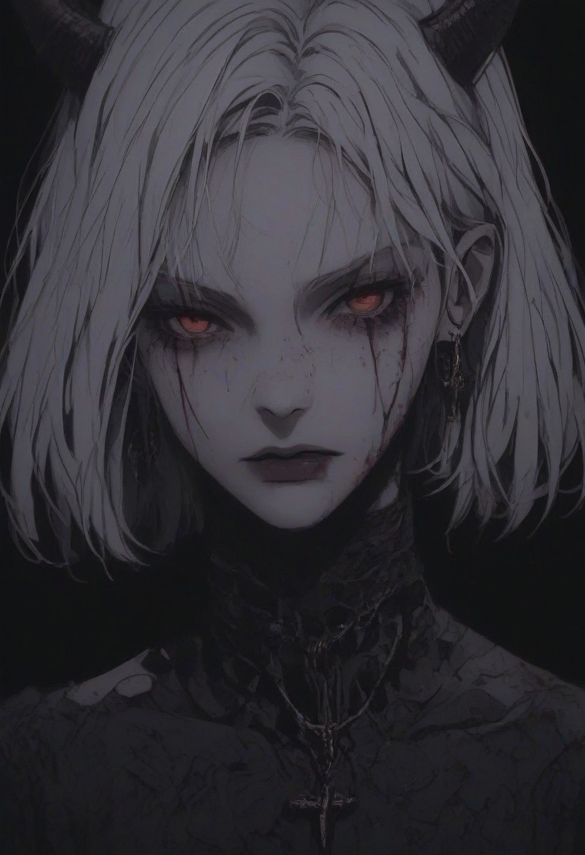 score_9, score_8_up, score_7_up, flat color, blood dripping from mouth, demon girl, demon horns, gthan, gothic, jewelry, red eyes, solo, blood, earrings, cross, 1girl, black background, looking at viewer, portrait, short hair, necklace, blood on face, cross necklace, simple background, spot color, closed mouth, white hair, cross earrings