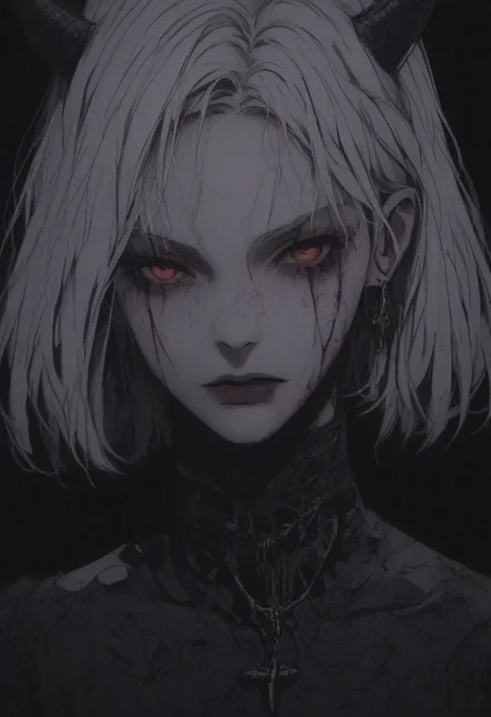 score_9, score_8_up, score_7_up, flat color, blood dripping from mouth, demon girl, demon horns, gthan, gothic, jewelry, red eyes, solo, blood, earrings, cross, 1girl, black background, looking at viewer, portrait, short hair, necklace, blood on face, cross necklace, simple background, spot color, closed mouth, white hair, cross earrings