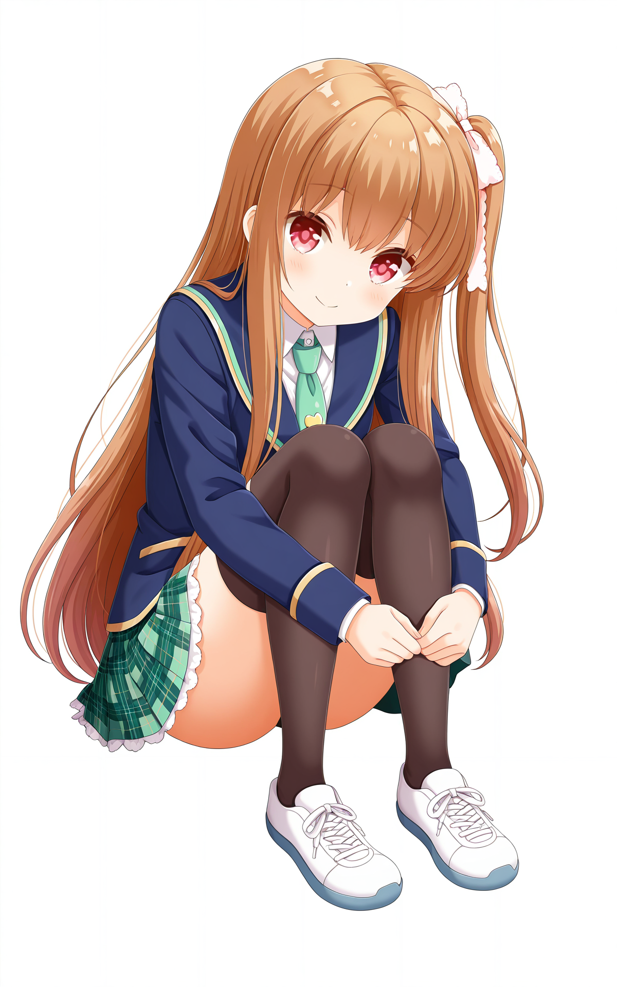masterpiece, best quality, good quality, newest,4k, perfect lighting, cinematic, very aesthetic, official art, anime screencap, anime coloring,(((white background, simple background))),
1girl,solo,asahina momoko, seio school unform,brown hair,long hair,one side up,ribbon,red eyes,blue jacket,long sleeves,green necktie,green skirt,plaid skirt,pleated skirt,black thighhighs,zettai ryouiki,white shoes,
sitting,hugging own legs, smile,looking at viewer,full body,BREAK
 <lora:ILmomoko:1>