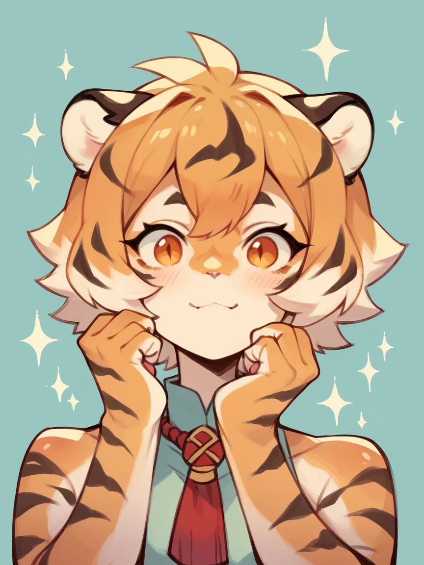 score_9, score_8_up, score_7_up, score_6_up, score_5_up, 1girl, <lora:su1zXLP:1> su1z, tiger girl, cute, sparkle,