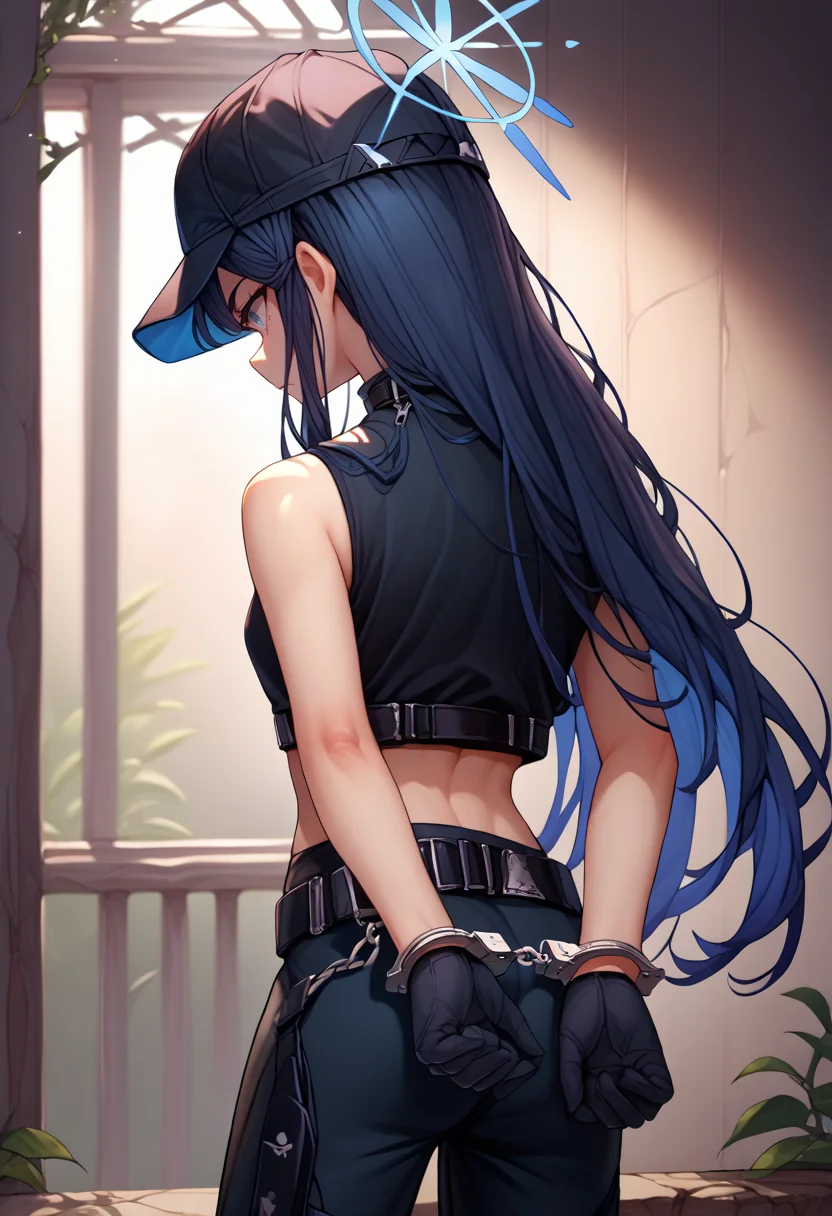 score_9, score_8_up, score_7_up, source_anime, <lora:HandcuffsV2-000009:1>, 1girl, solo, handcuffs, cuffs, <lora:ba_saori_ponyXL:1>, saoridef, black headwear, baseball cap, halo, long sleeves, black shirt, sleeveless shirt, crop top, black gloves, black pants, black belt, bare shoulders, from behind