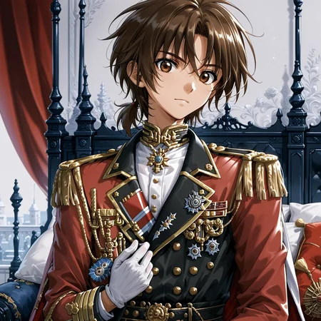 safe_pos, safe_pos, Score_9,score_8_up,score_7_up, Highly detailed, masterpiece, high quality, beautiful, high resolution, good details, 1boy, 1boy, sexy (cute petite boy), source_anime, skinny, aged down, petite, Boy, detailed background, gloves,
dan_kuso, brown hair, brown eyes,
, aiguillette, military, uniform, male focus, looking at viewer, white gloves, epaulettes