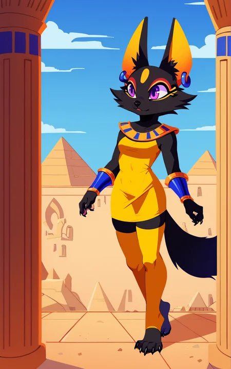 score_9, score_8_up, score_7_up,((best quality)), absurdres,((full body)), <lora:3d-2d:0.8>, <lora:PatraPMPXL:0.8>,PatraPMPXL,tail, animal ears,purple eyes, black fur, furry, furry female,earrings, jewelry, yellow dress,body fur,makeup,vambraces,egyptian, animal nose,white background,legwear, yellow legwear,feet,slim,thighhighs,short dress,claws,barefoot,short dress,black skin,solo,desert, pyramids, town,blue sky,clouds