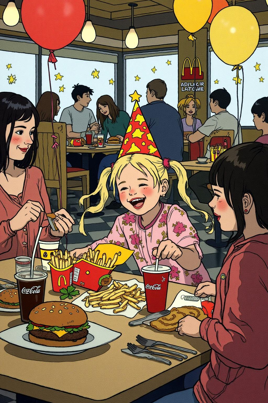 ivanbilibin1 illustration. 
A four-year-old girl with twin pigtails is celebrating her birthday at McDonald's, a place that feels like a magical playground for children. The joy on her face is unmistakable as she sits at a table set with a colorful array of items: crispy McDonald's fries in a bright yellow packet, a refreshing cup of Coca-Cola, and a juicy hamburger wrapped in its iconic packaging. Her pigtails bounce playfully as she moves, adding to the lively atmosphere. The table is also adorned with festive decorations, including balloons and streamers that match the vibrant McDonald's red and yellow color scheme. Family members gather around, their smiles reflecting the warmth and love of the occasion. The lighting inside the restaurant is soft yet bright, creating a welcoming environment that highlights the happiness of the moment. This scene captures the pure delight and excitement of a young child's birthday celebration, set against the backdrop of a beloved fast-food chain, where simple pleasures bring immense joy  <lora:ivanbilibin2_cap_d6a3e11:1.0><lora:857361656437551813:0>