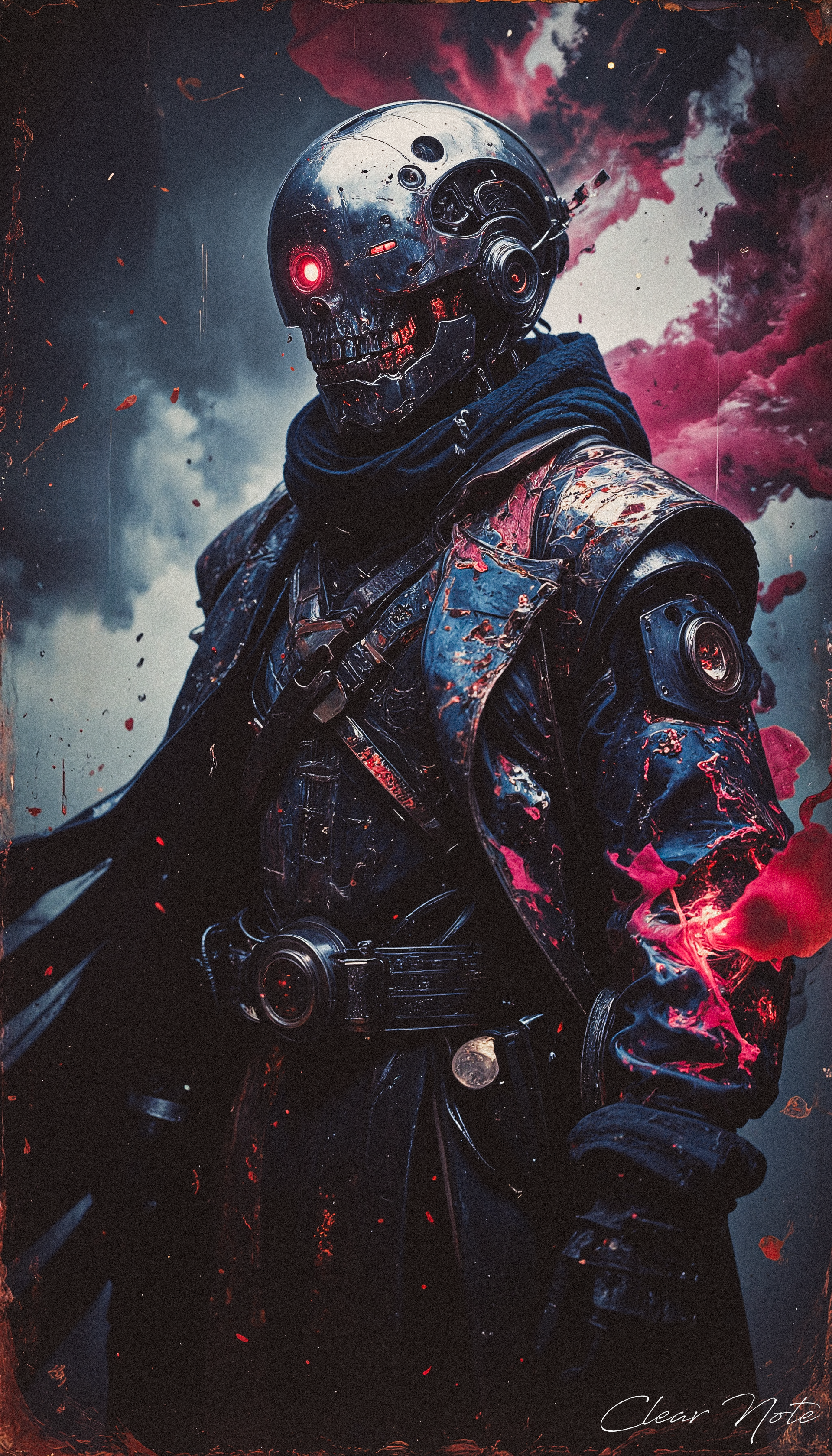 A one-eyed cyborg reaper stands in a haze of swirling smoke, its glowing red eye cutting through the mist. Dressed in a sleek, stylish jacket, it exudes an eerie elegance, its silhouette a haunting blend of menace and mystery.