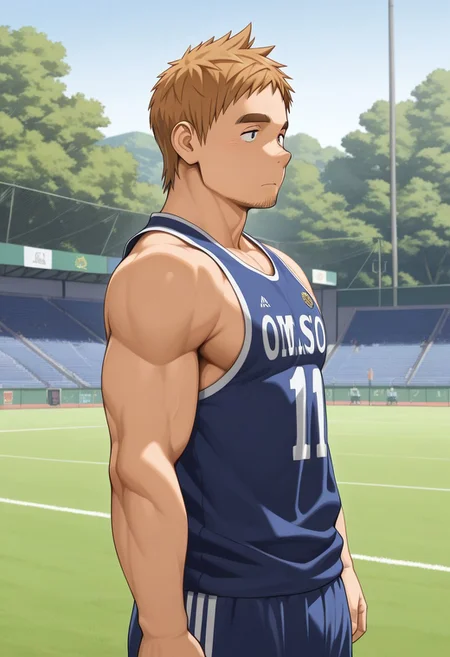 masterpiece,best quality,absurdres,newest,perfect quality,best quality,absolutely eye-catching,detailed background,intricate details,male focus,solo,Ishikawa EIKISHI, 1boy, Brown hair,black eyes, thick eyebrows, facial hair, muscular body,outdoors,soccer tank top,